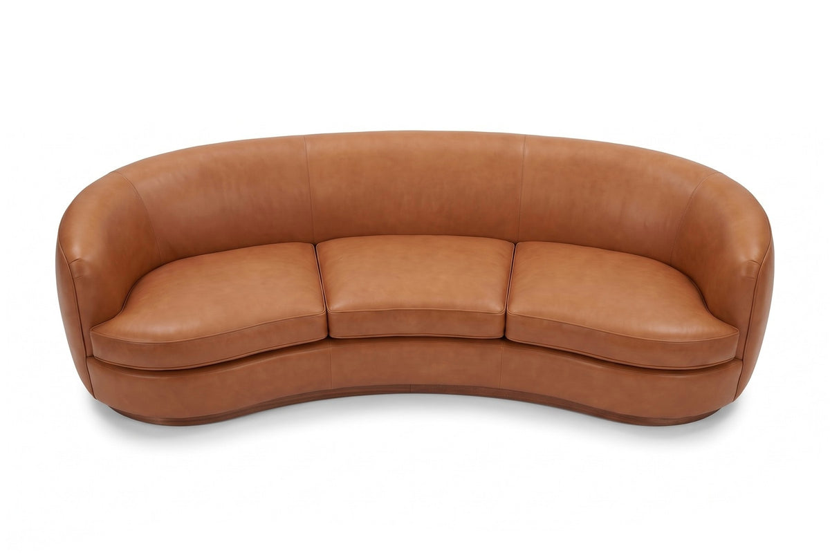 Pornic Cognac Curved Leather Sofa, high view from the front, well above the sofa, showing the crescent shape from above
