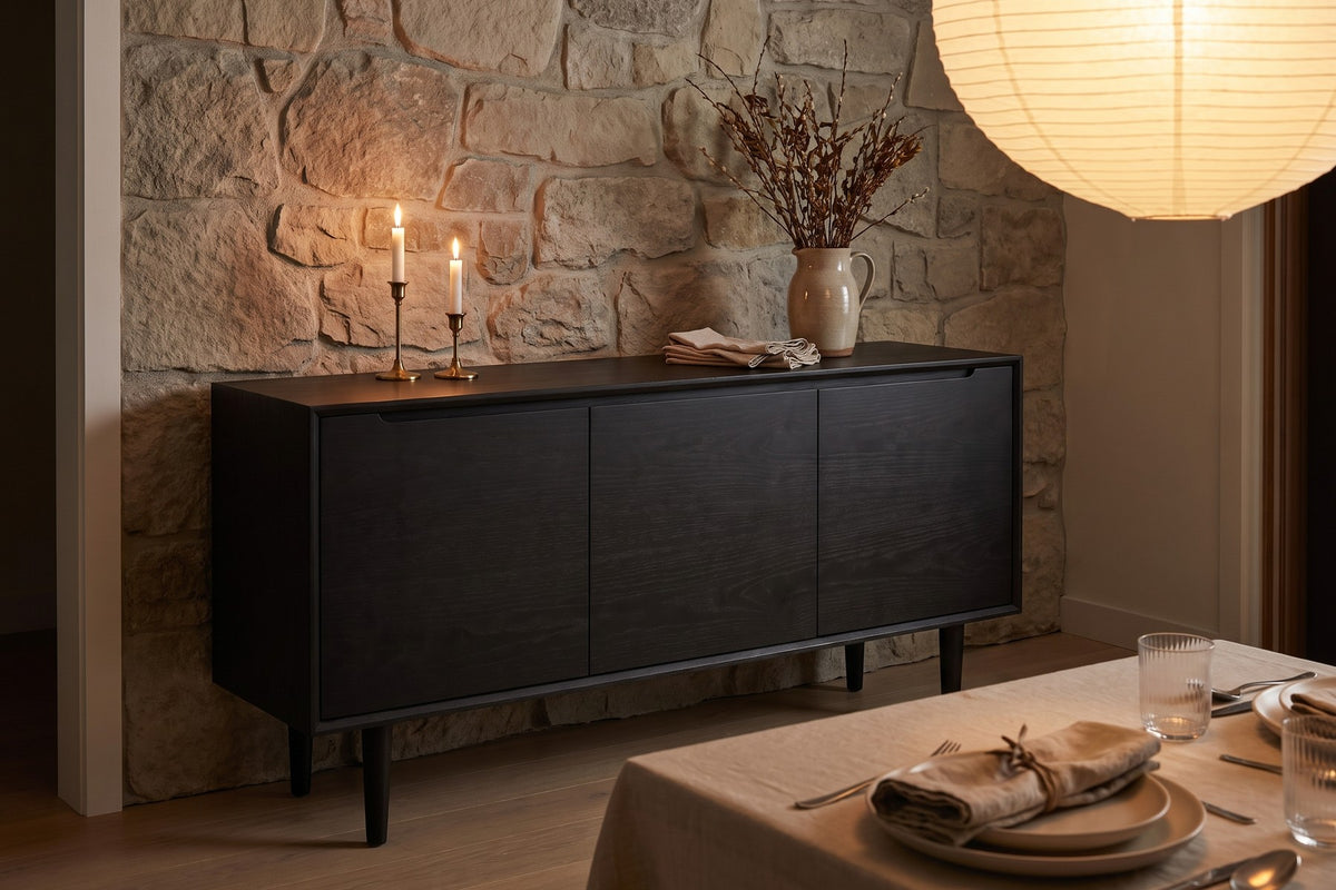Quimper Sideboard in Black Oak, in a room setting