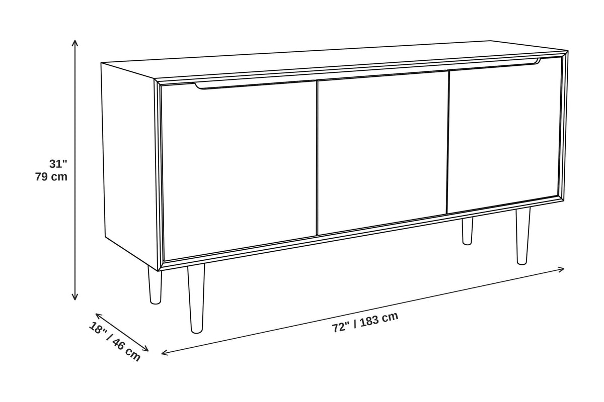 Quimper 72" Sideboard – Solid Walnut or Oak, Three Doors, Tapered Legs