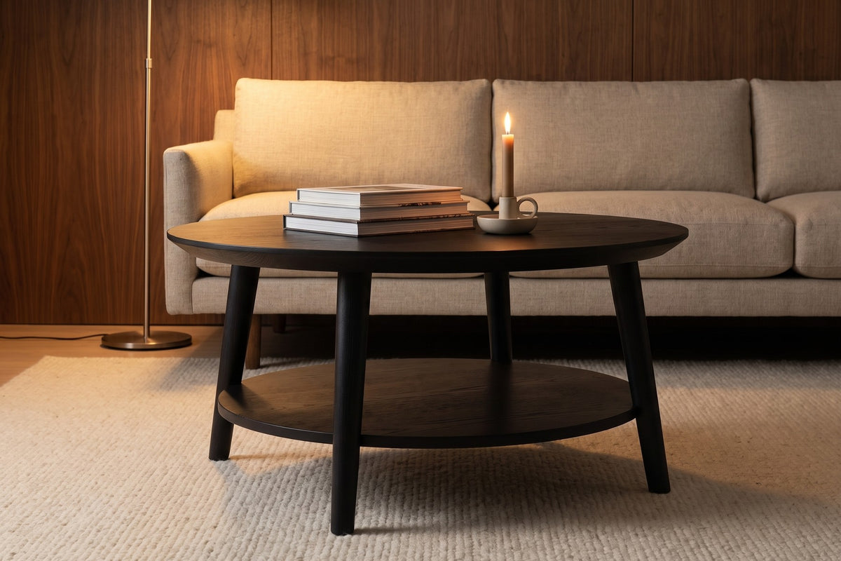 Ramatuelle 36" Round Coffee Table – Solid Walnut or Oak, Lower Shelf