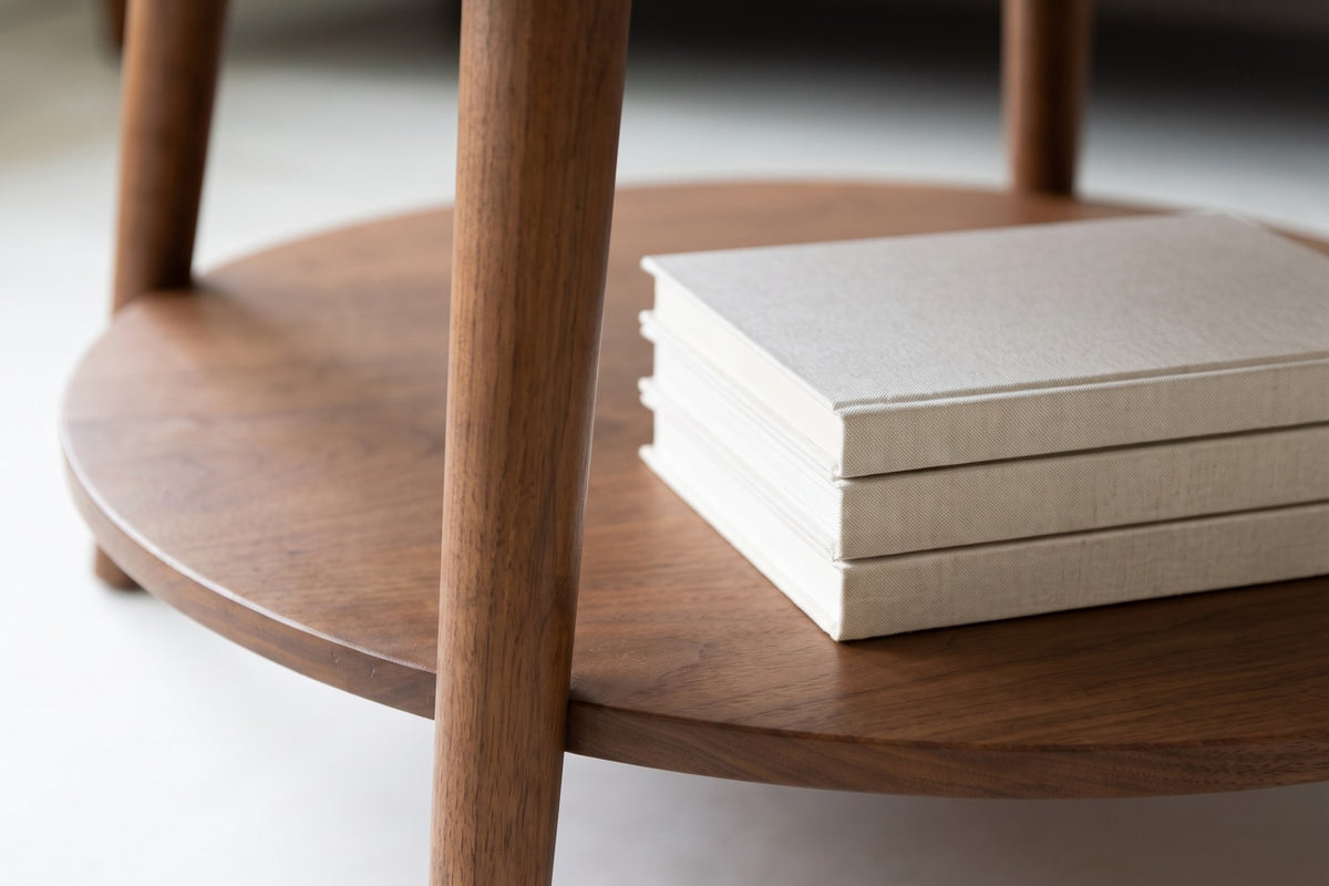 Ramatuelle Walnut Round Coffee Table: close-up of the round lower shelf with a small stack of plain linen-covered books, where a tapered leg passes through it