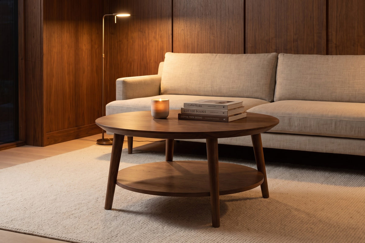 Ramatuelle Walnut Round Coffee Table styled in a room