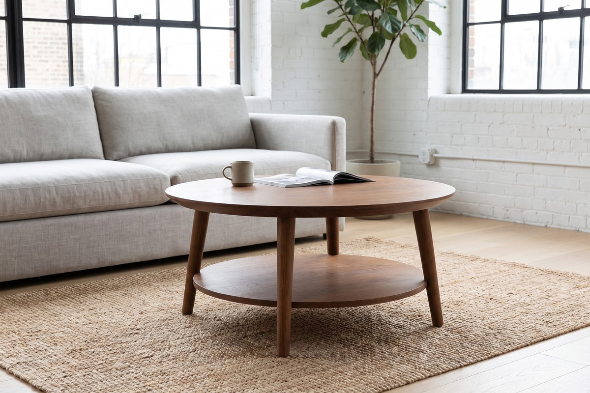 Ramatuelle 36" Round Coffee Table – Solid Walnut or Oak, Lower Shelf