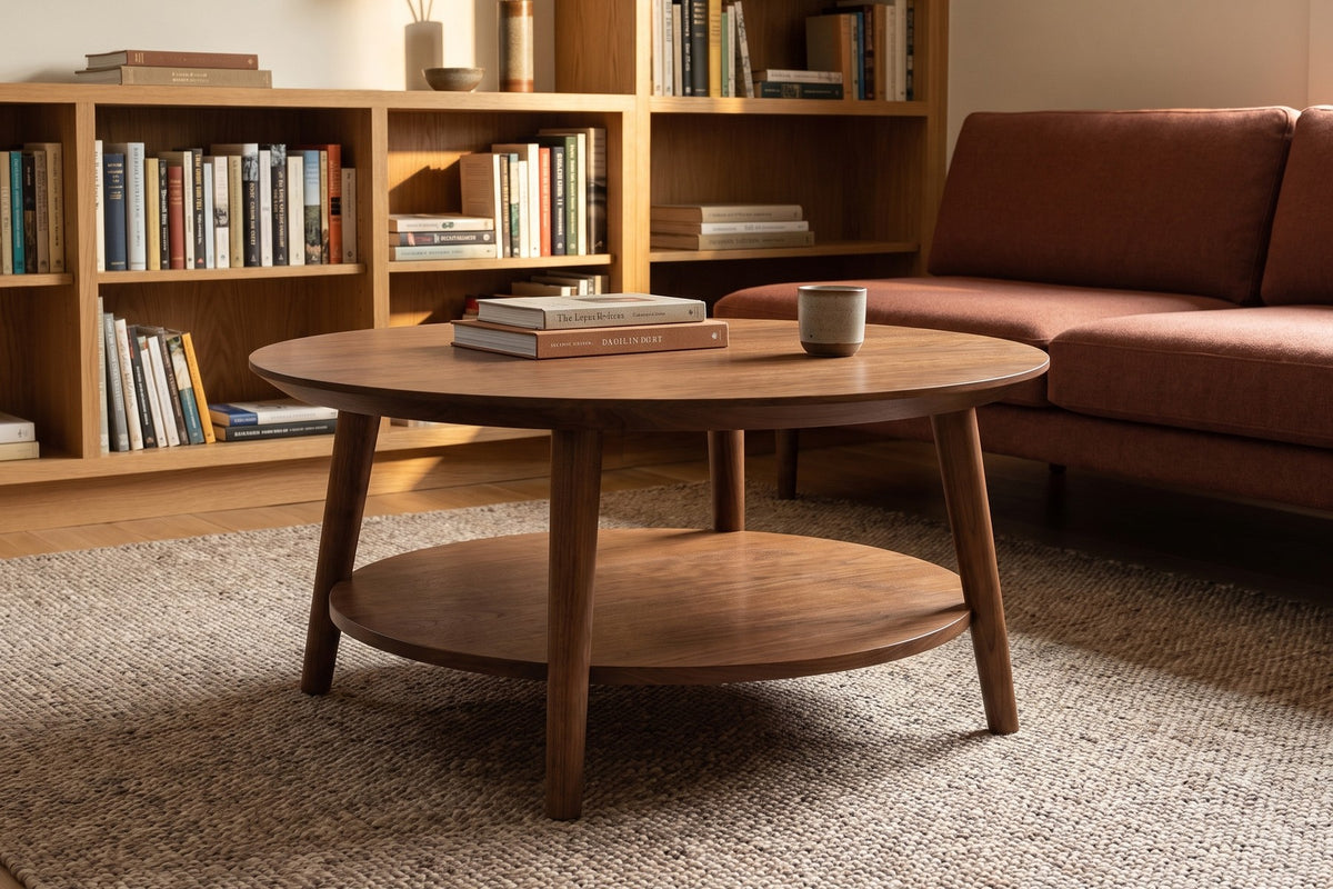 Ramatuelle 36" Round Coffee Table – Solid Walnut or Oak, Lower Shelf