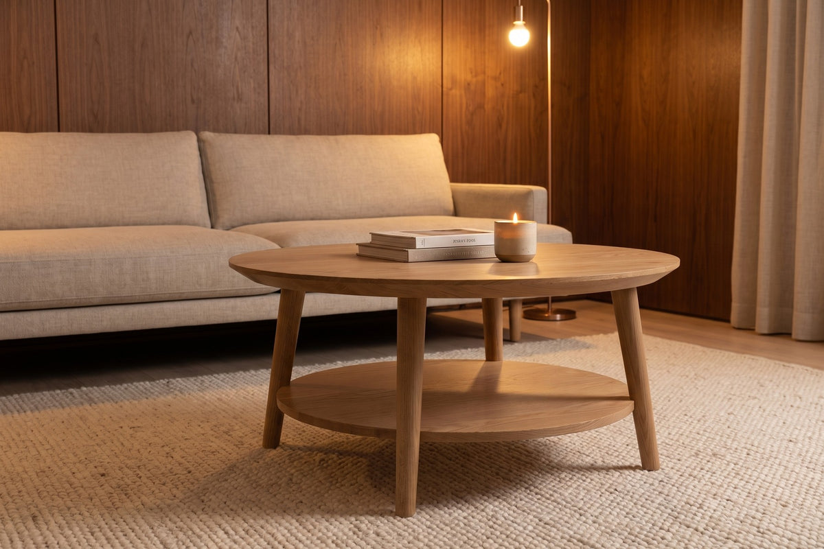 Ramatuelle 36" Round Coffee Table – Solid Walnut or Oak, Lower Shelf