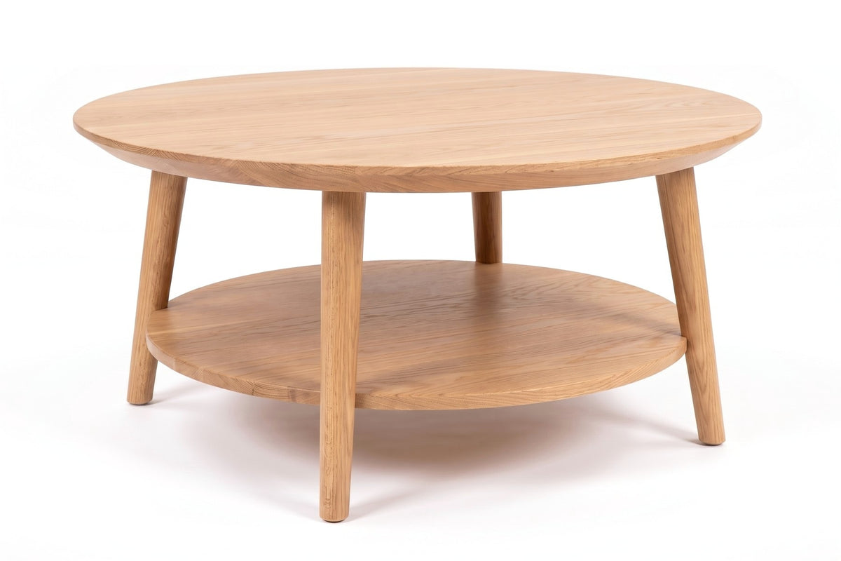 Ramatuelle 36" Round Coffee Table – Solid Walnut or Oak, Lower Shelf