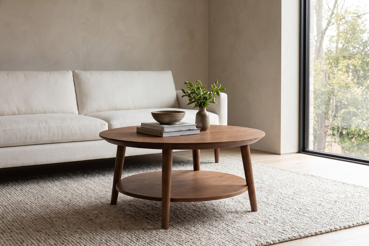 Ramatuelle 36" Round Coffee Table – Solid Walnut or Oak, Lower Shelf