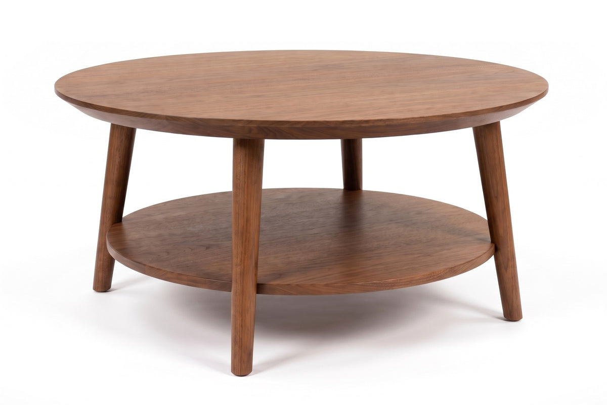 Ramatuelle 36" Round Coffee Table – Solid Walnut or Oak, Lower Shelf