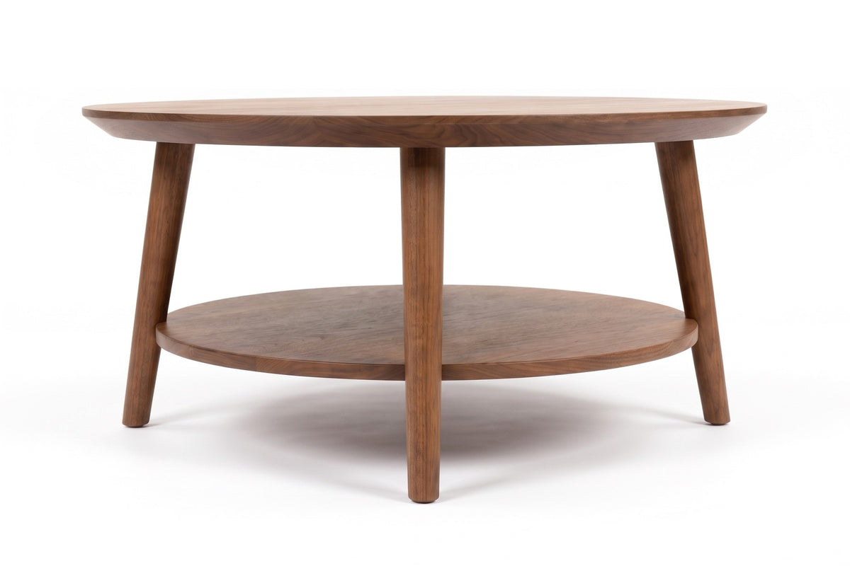 Ramatuelle 36" Round Coffee Table – Solid Walnut or Oak, Lower Shelf