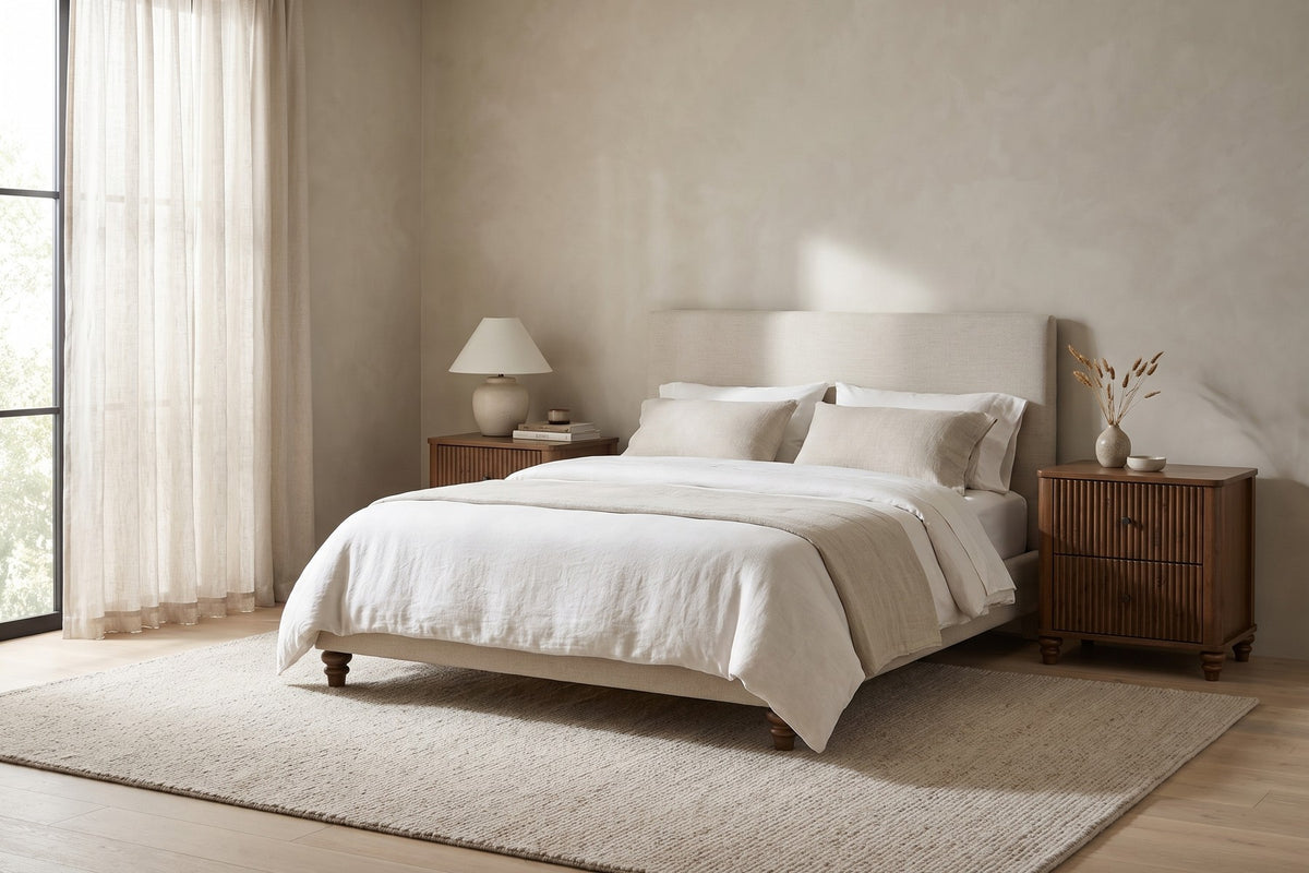 Raspail fluted walnut-finish nightstand with turned wood feet in a calm, daylit bedroom