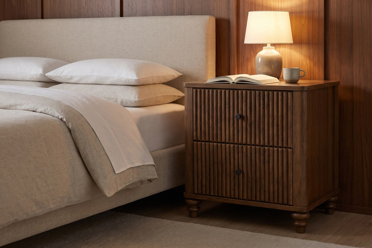 Raspail Fluted 3-Drawer Nightstand – Walnut Finish, Set of 2