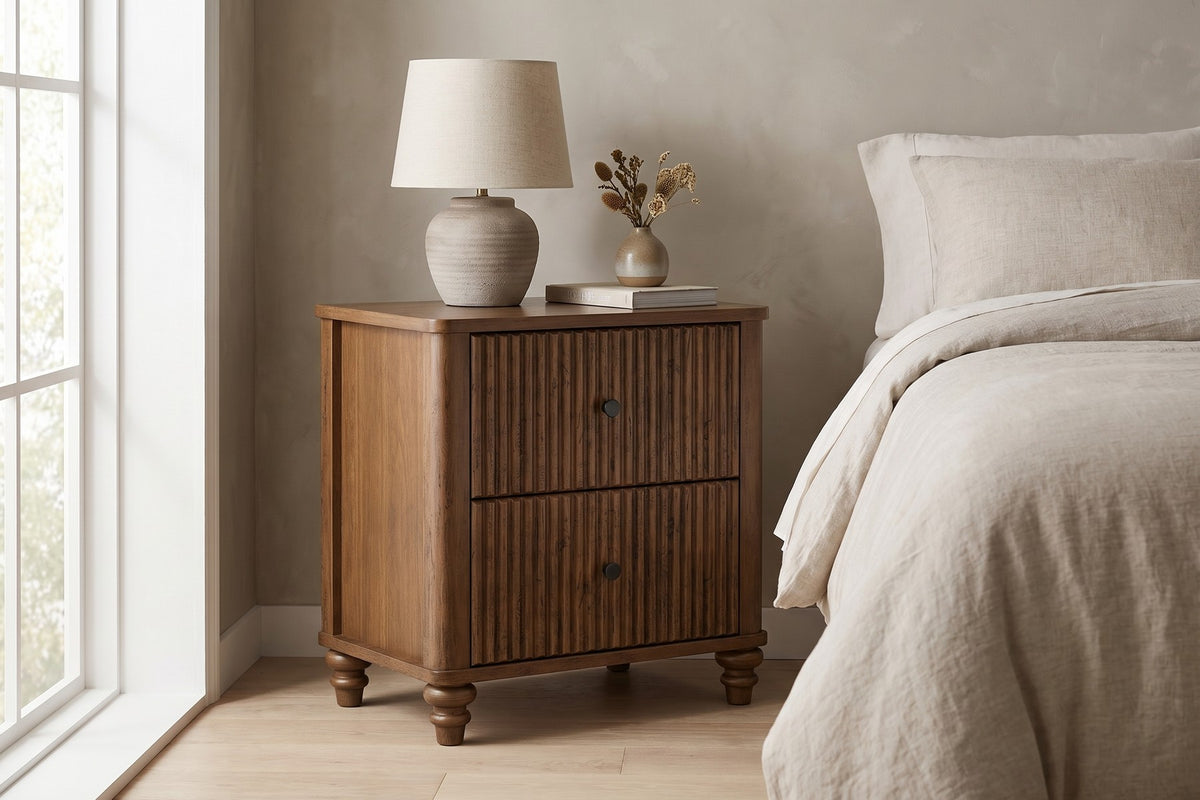 Raspail Fluted 3-Drawer Nightstand – Walnut Finish, Set of 2