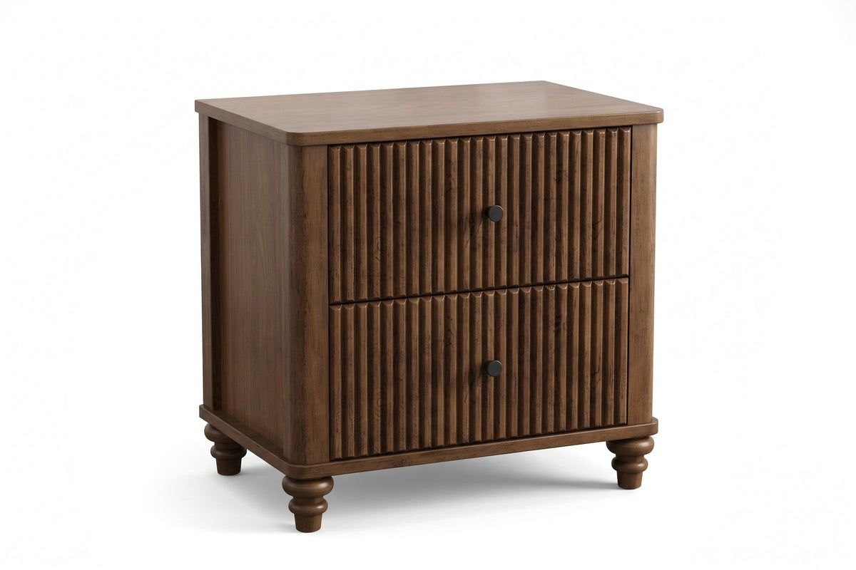 Raspail fluted walnut-finish nightstand with turned wood feet, three-quarter front view on a white background