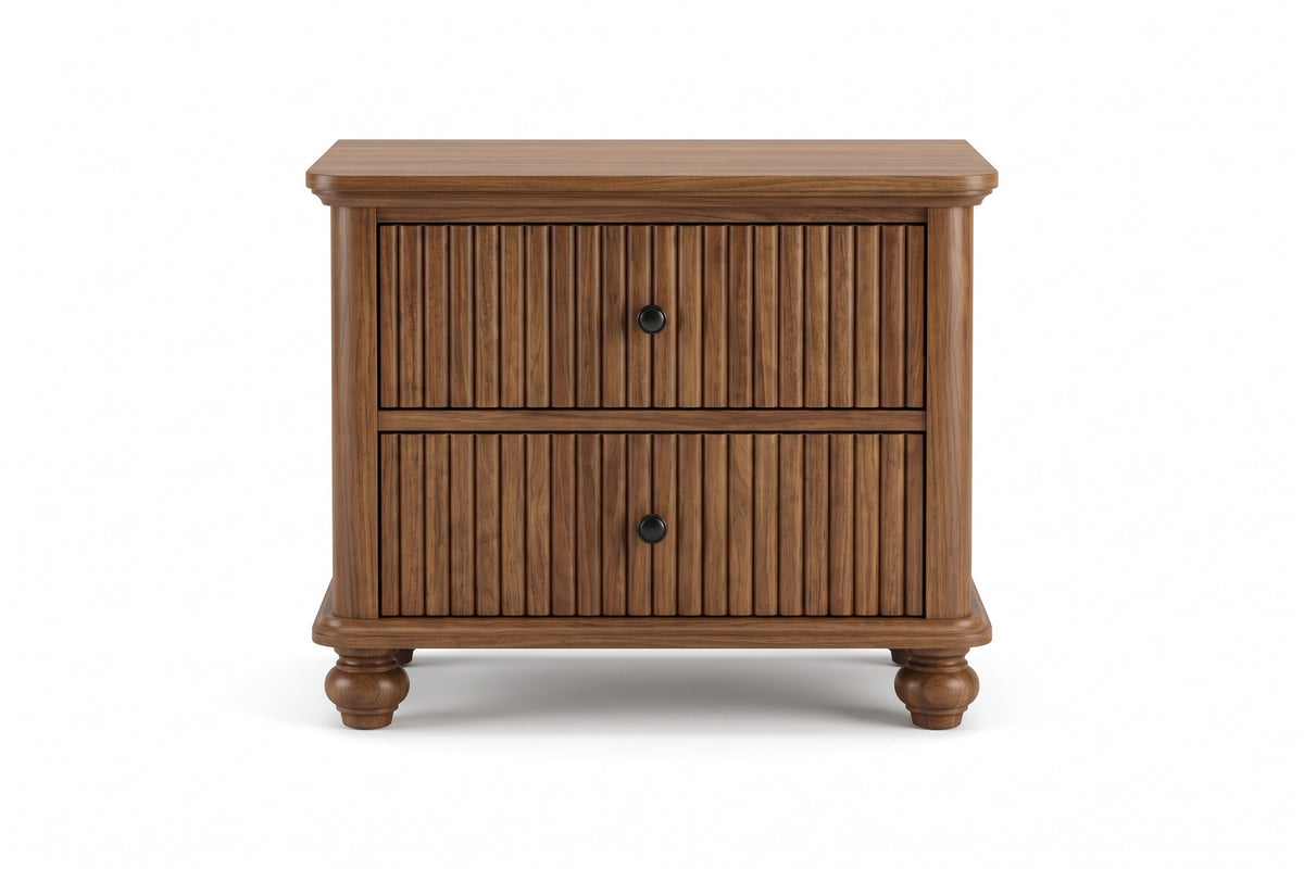 Raspail fluted walnut-finish nightstand with turned wood feet, straight front view on a white background