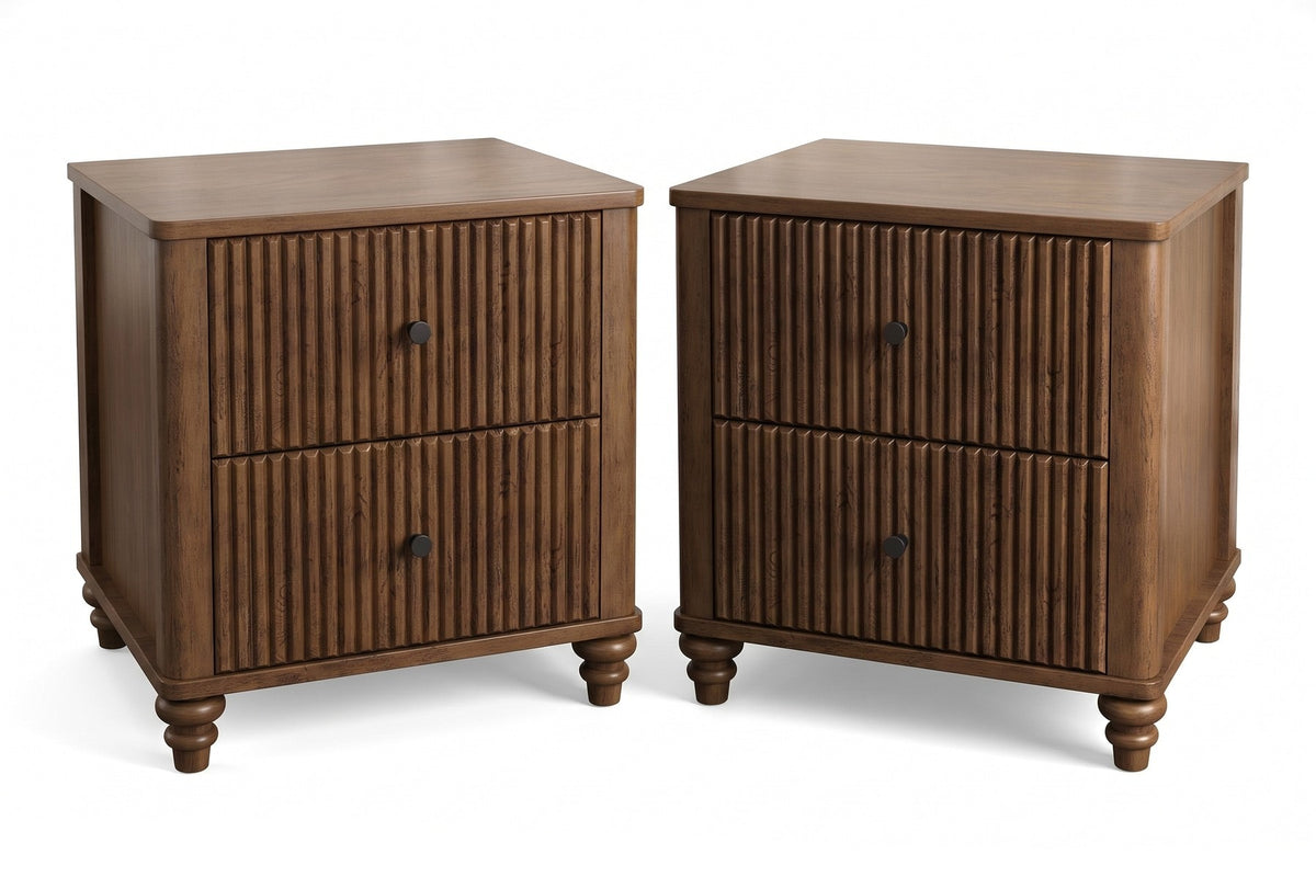 Raspail Fluted 3-Drawer Nightstand – Walnut Finish, Set of 2