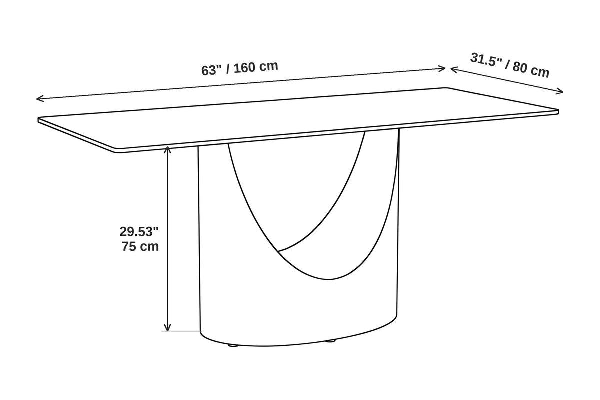 Rivoli dining table dimensions: 63 inches (160 cm) long and 29.53 inches (75 cm) high