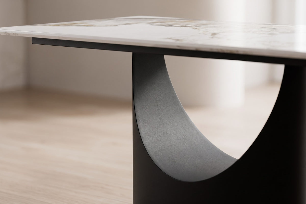 Rivoli 63" Sintered Stone Dining Table – Sculpted Crescent Base, Effortless Care