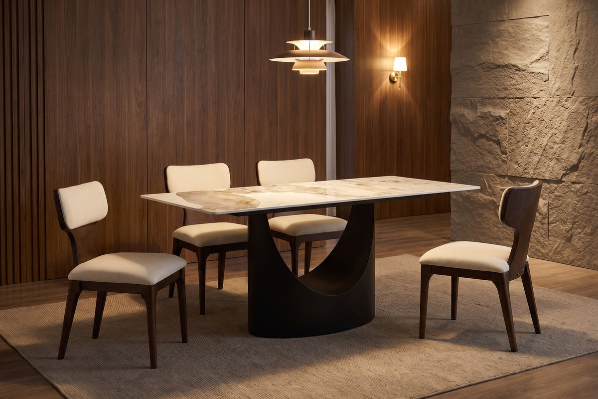 Rivoli 63" Sintered Stone Dining Table – Sculpted Crescent Base, Effortless Care