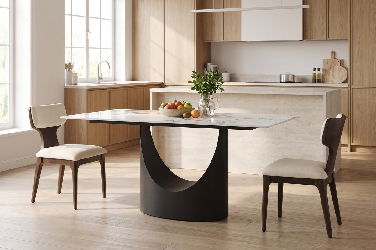 Rivoli 63" Sintered Stone Dining Table – Sculpted Crescent Base, Effortless Care
