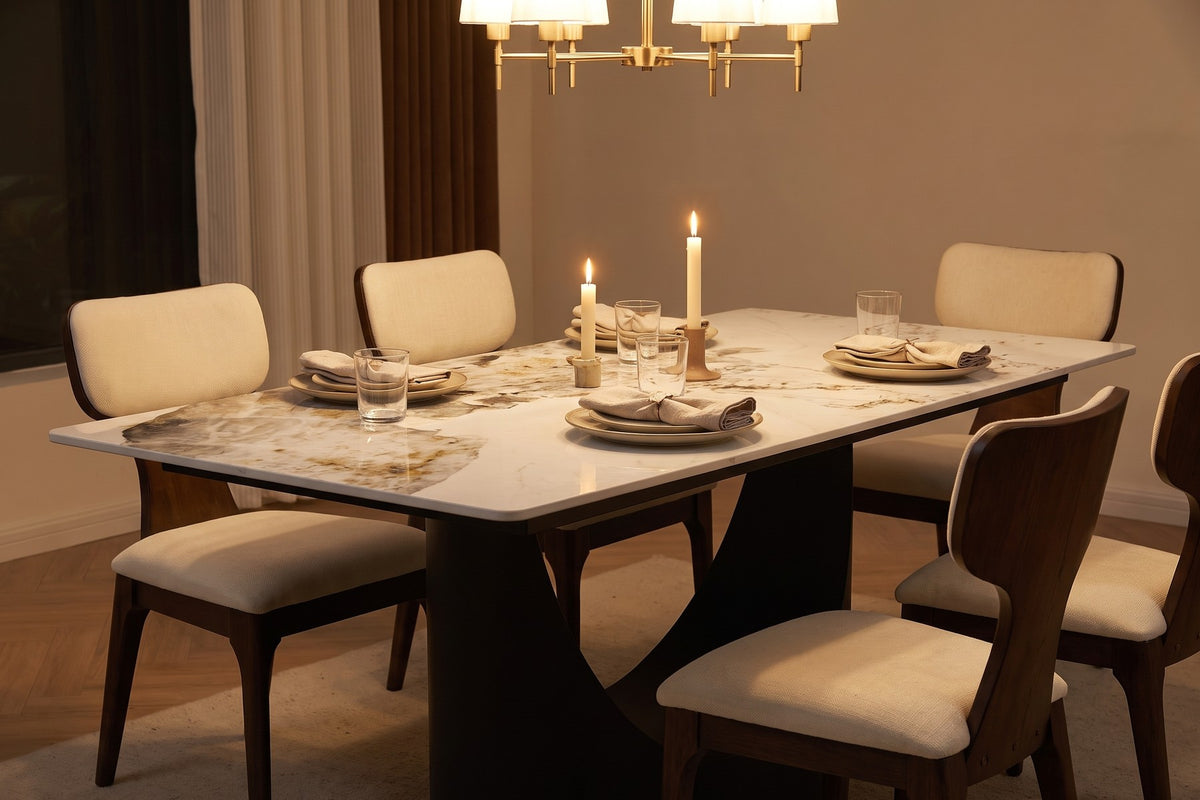 Rivoli 63" Sintered Stone Dining Table – Sculpted Crescent Base, Effortless Care