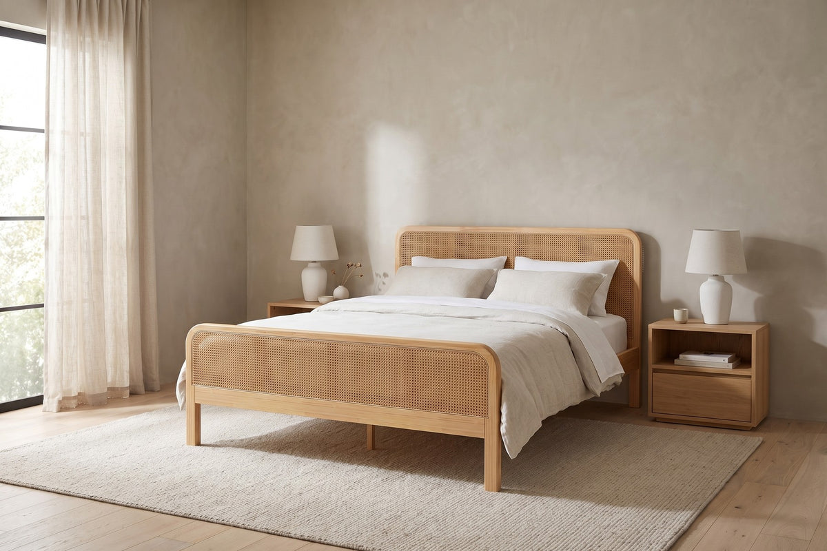 Romy natural solid wood platform bed with cane headboard and footboard in a calm, daylit bedroom