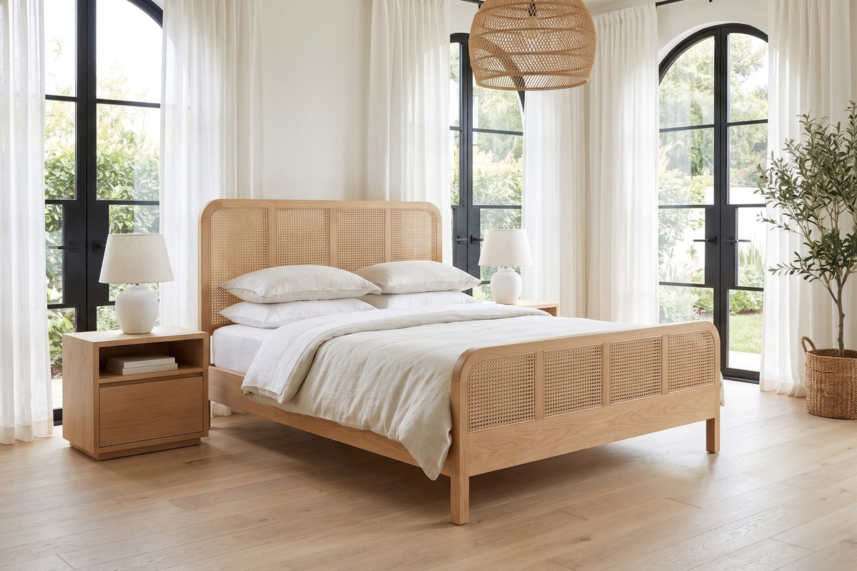 Romy Cane Platform Bed – Natural Solid Wood, Queen