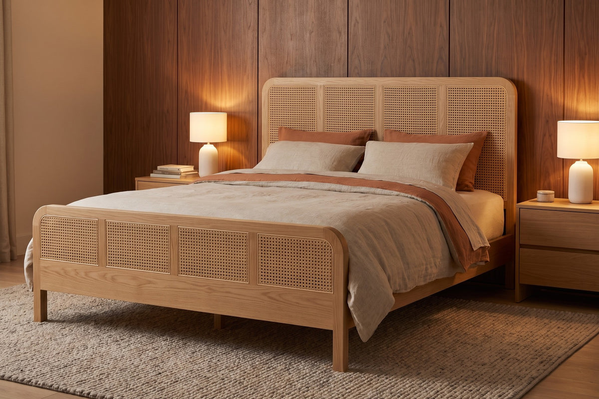 Evening. Four cane-style panels in pale wood stand out against a dark panelled wall.