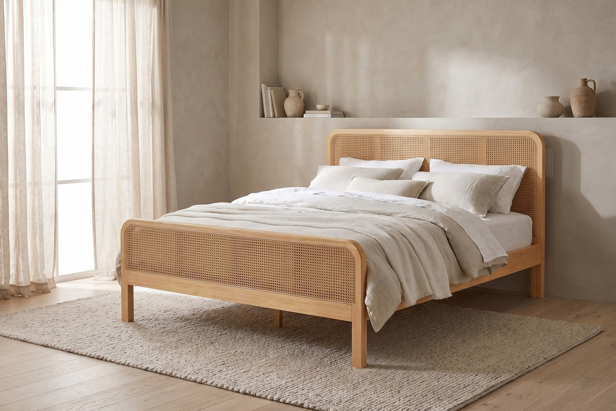 Romy Cane Platform Bed – Natural Solid Wood, Queen