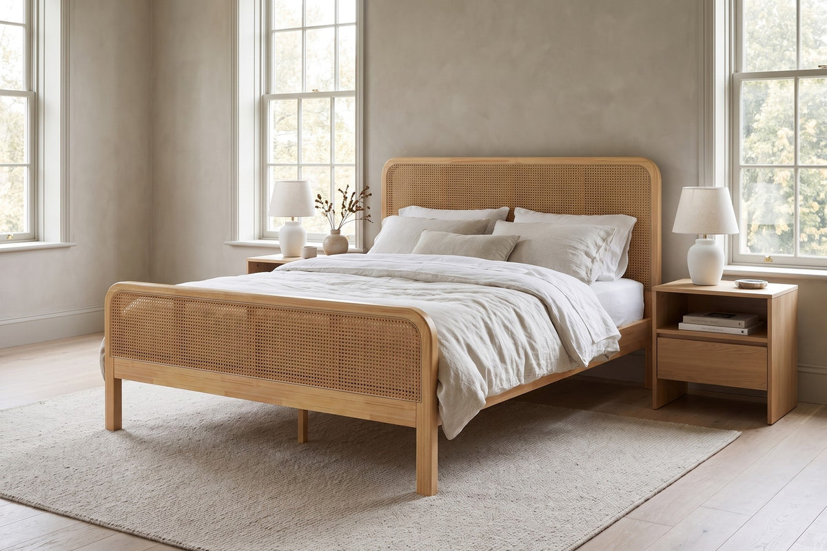 Between two windows, the low footboard leaves the view across the room open.
