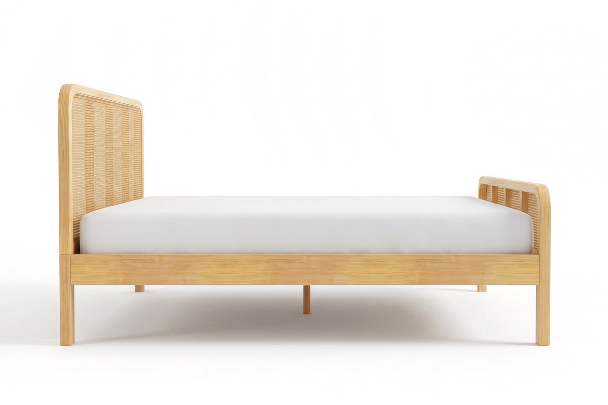 Romy Cane Platform Bed – Natural Solid Wood, Queen