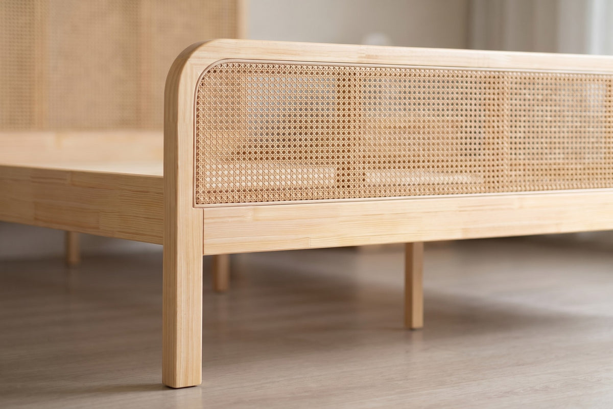 Close-up of the low footboard's cane band and its rounded corner above one square natural wood leg (Romy)