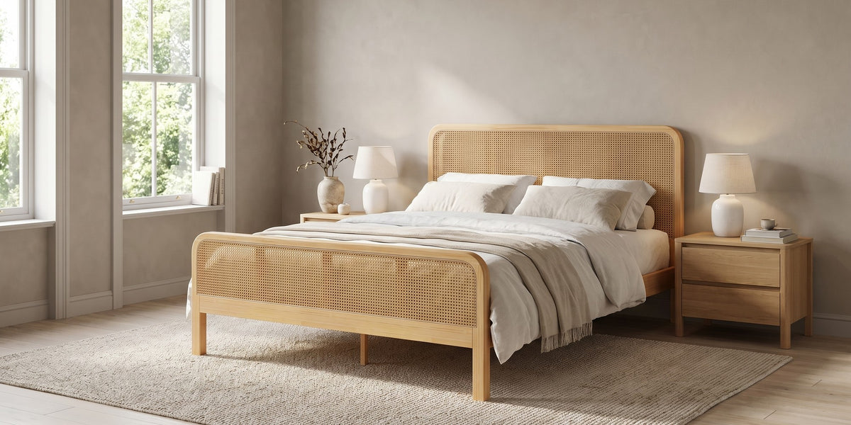 Romy natural solid wood platform bed with cane headboard and footboard in a wide, calm bedroom