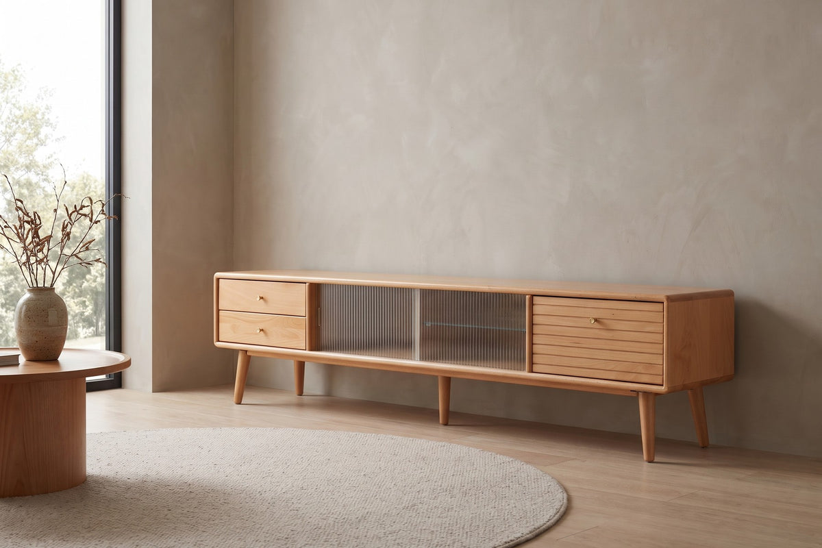 Rosalie 70.9" Solid Beech Media Console – Natural, Fluted Glass Doors