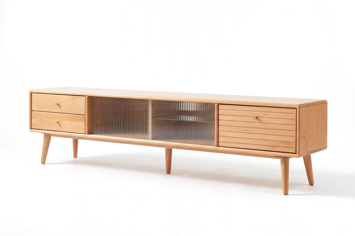 Rosalie 70.9" solid beech media console with fluted glass doors, three-quarter view on a white background