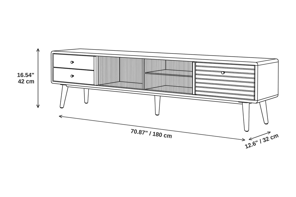 Rosalie 70.9" solid beech media console with fluted glass doors dimensions: 70.87 inches wide, 12.6 inches deep and 16.54 inches high