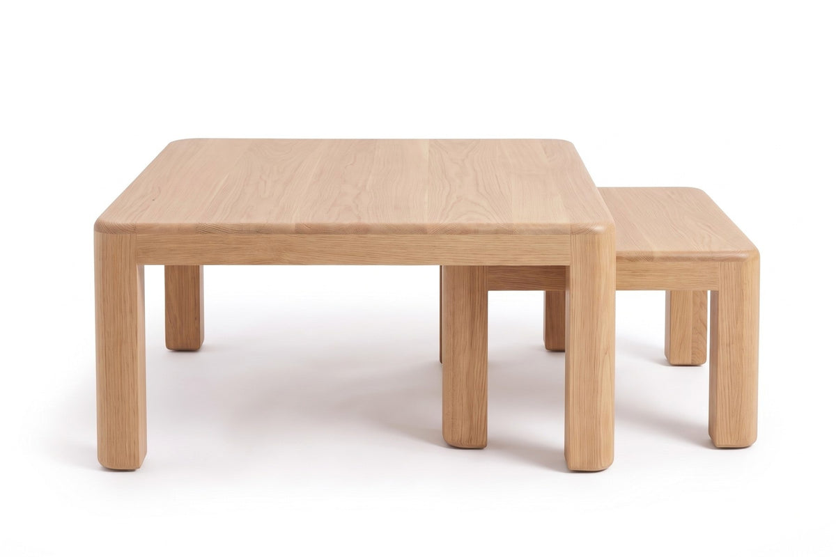 Roussillon Oak Nesting Coffee Tables, straight side view at table height, showing both tables nested