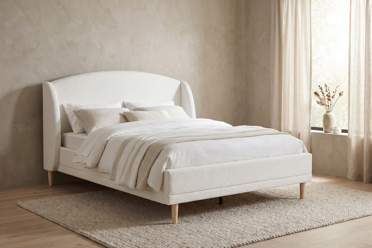 Sabine Bouclé Wingback Bed – White, Natural Rubberwood Legs, King