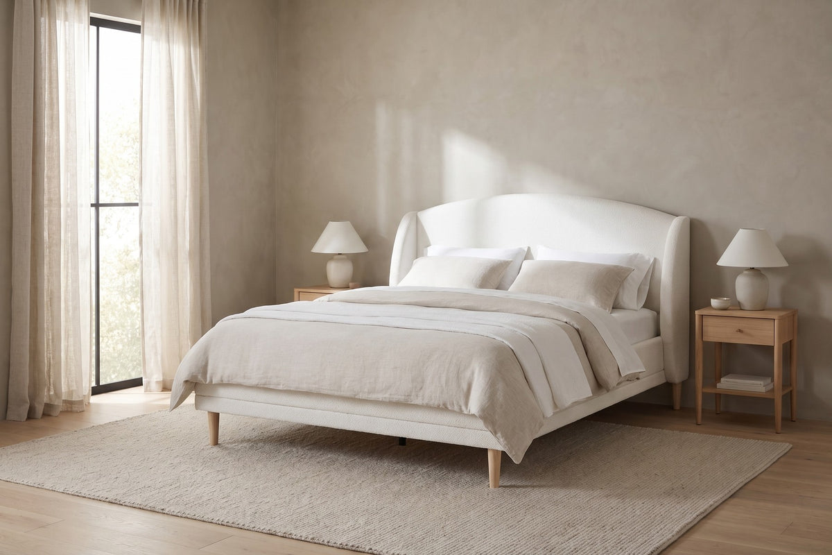 Sabine Bouclé Wingback Bed – White, Natural Rubberwood Legs, King