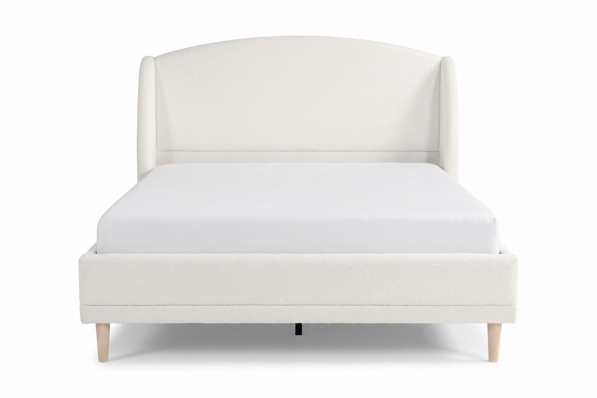 Sabine Bouclé Wingback Bed – White, Natural Rubberwood Legs, King