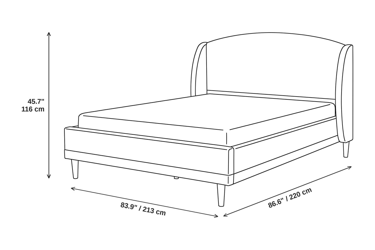 Sabine wingback bed dimensions: 83.9 inches (213 cm) wide, 86.6 inches (220 cm) long and 45.7 inches (116 cm) high