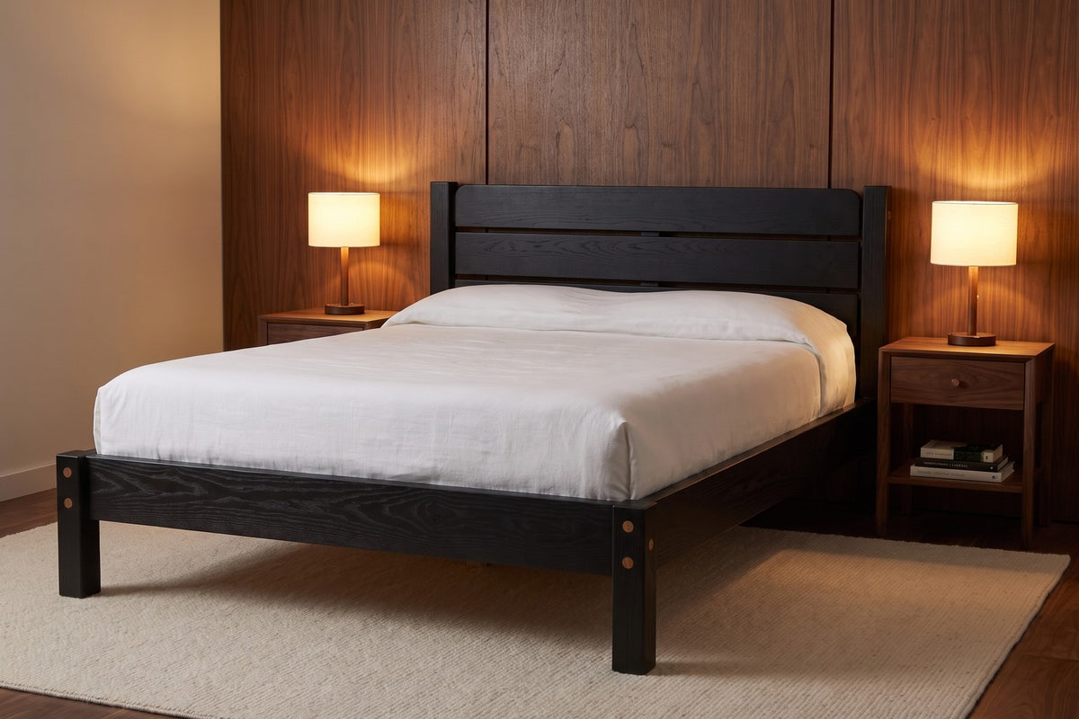 Sancerre Platform Bed in Black Oak, in a room setting