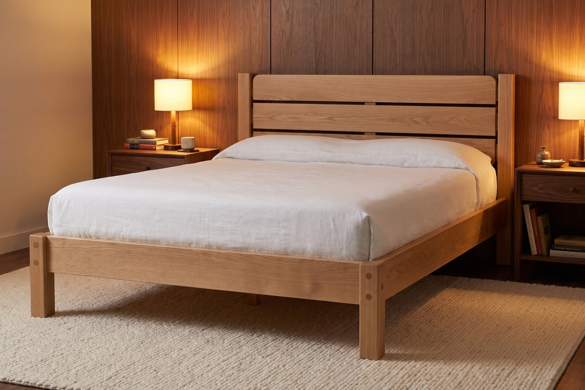 Sancerre Natural Oak Platform Bed styled in a room