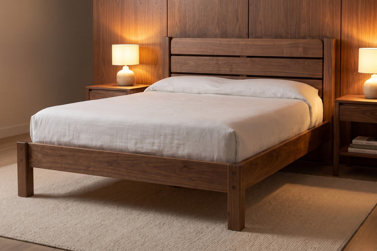 Sancerre Platform Bed in Walnut, in a room setting