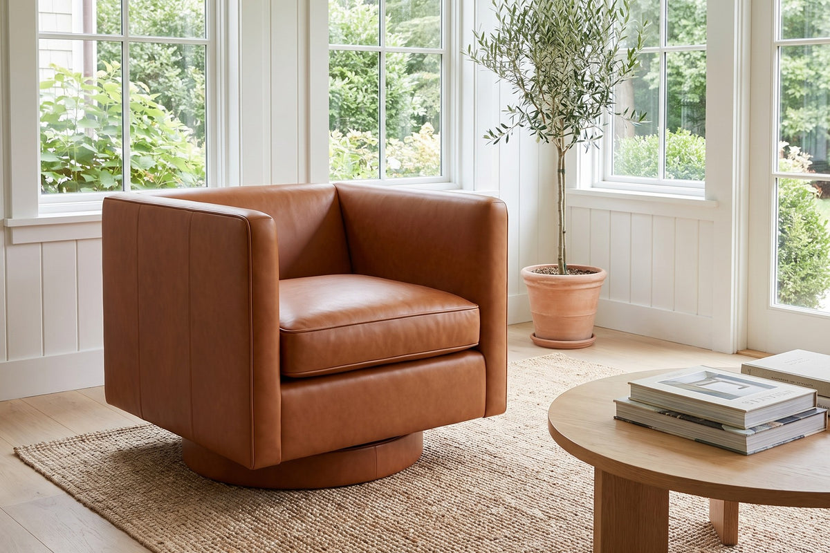 Sarlat Cognac Leather Swivel Club Chair in a room