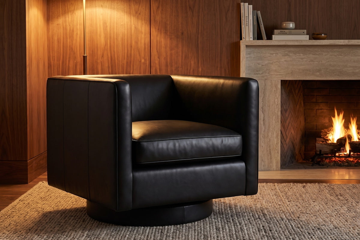 Sarlat Leather Swivel Club Chair – Tuxedo Arms, Floating Plinth Base, 360° Swivel