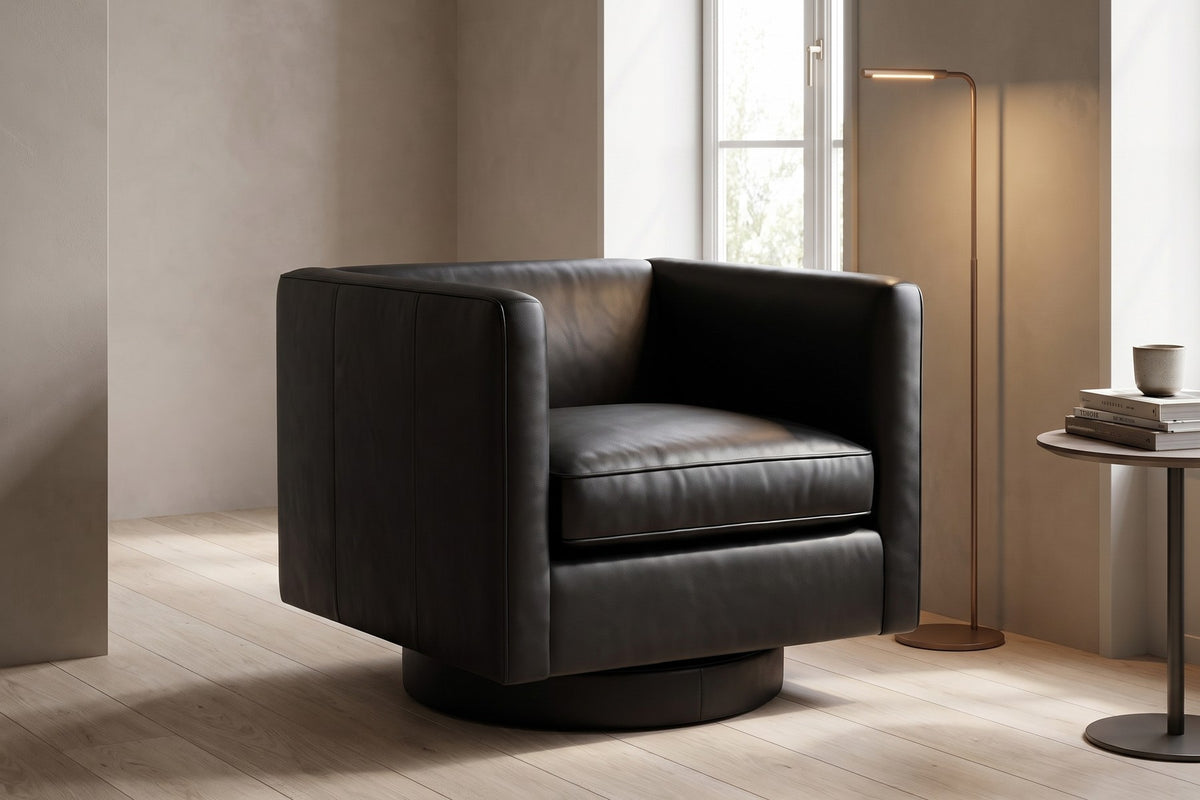 Sarlat Leather Swivel Club Chair in Black, in a living space