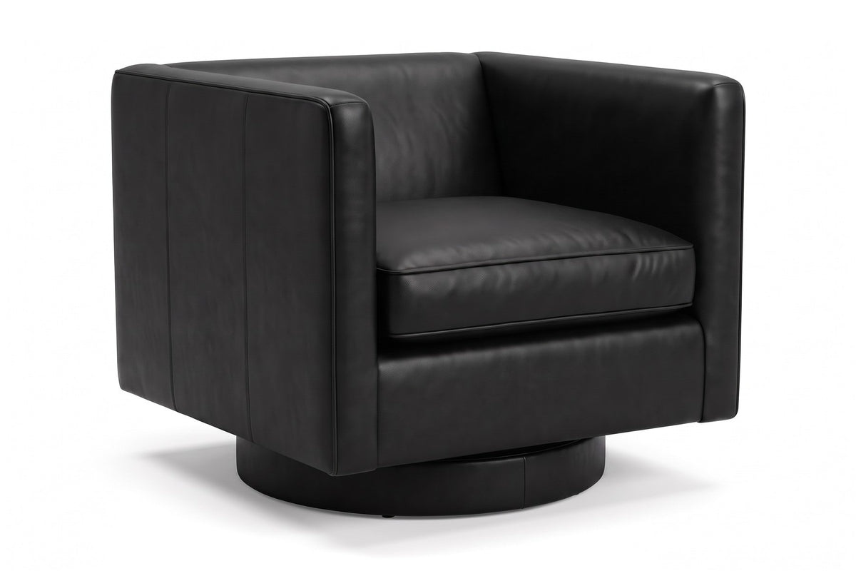 Sarlat Leather Swivel Club Chair – Tuxedo Arms, Floating Plinth Base, 360° Swivel