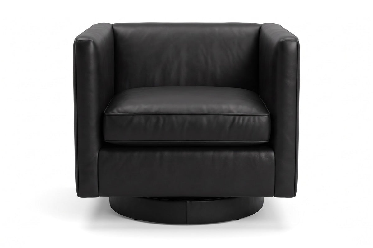 Sarlat Leather Swivel Club Chair in Black, front view on white