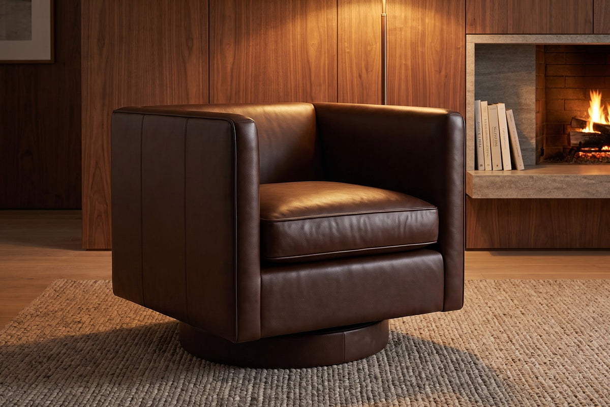 Sarlat Leather Swivel Club Chair in Chocolate, in a room setting