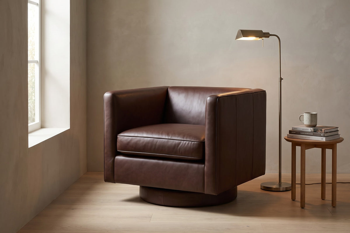 Sarlat Leather Swivel Club Chair in Chocolate, in a living space